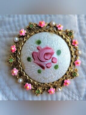 Vintage Floral Enamel Brooch with Pink Roses Signed By ART Arther Pepper